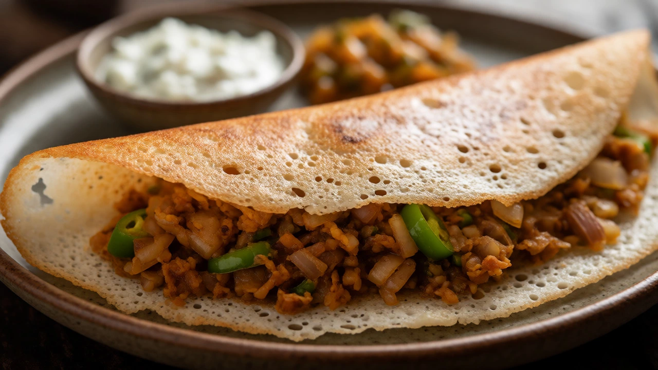 Folded instant dosa with onion filling and chutney