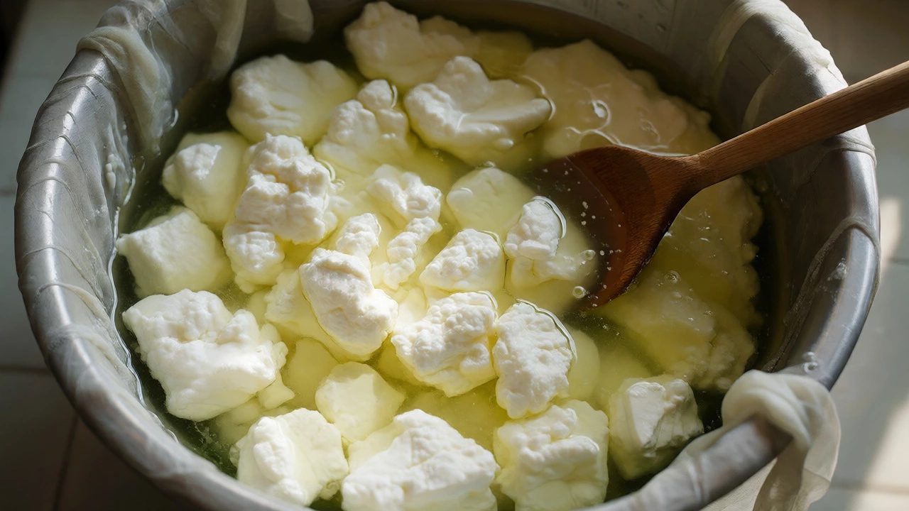 Fresh paneer curds separating from whey