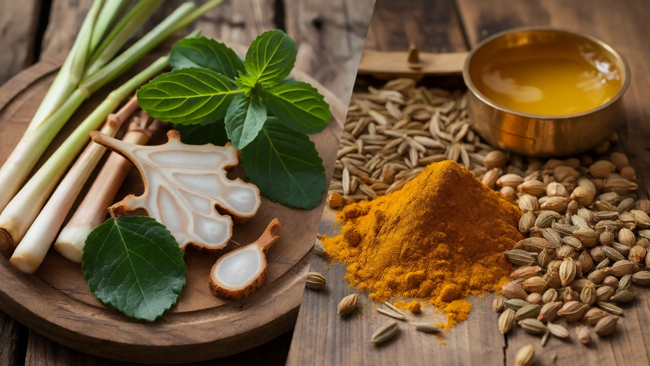 Fresh Thai herbs like lemongrass next to dried Indian spices like turmeric.