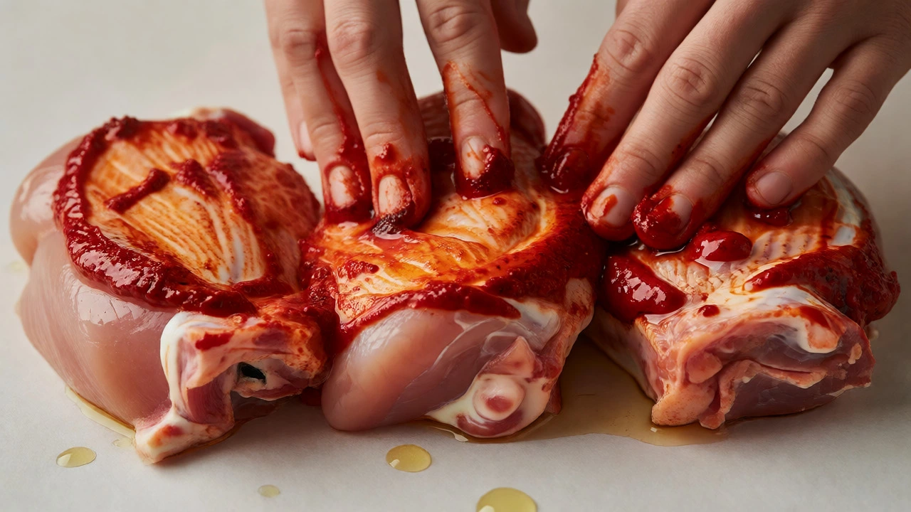 Hands coating raw chicken thighs in thick red tandoori yogurt marinade