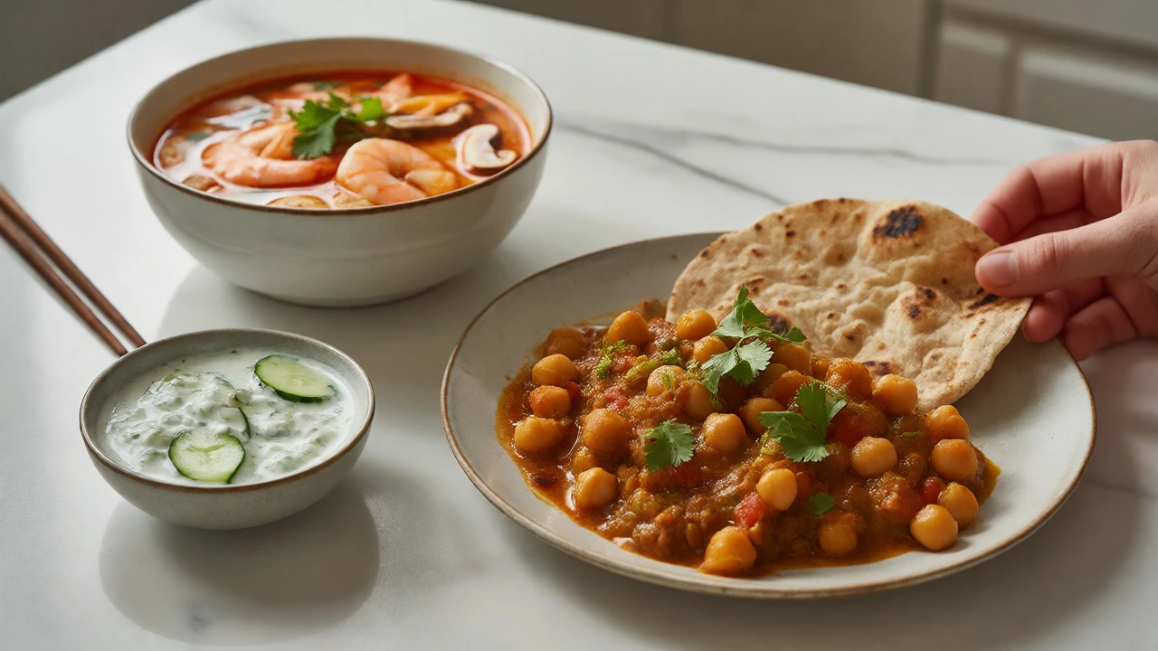 Healthy Indian chickpea curry with roti and clear Thai Tom Yum soup.