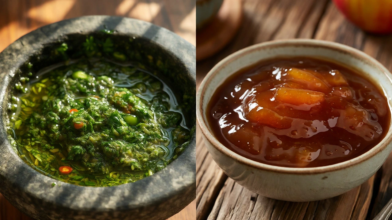 Side-by-side comparison of fresh green Indian mint chutney and dark cooked British apple chutney.