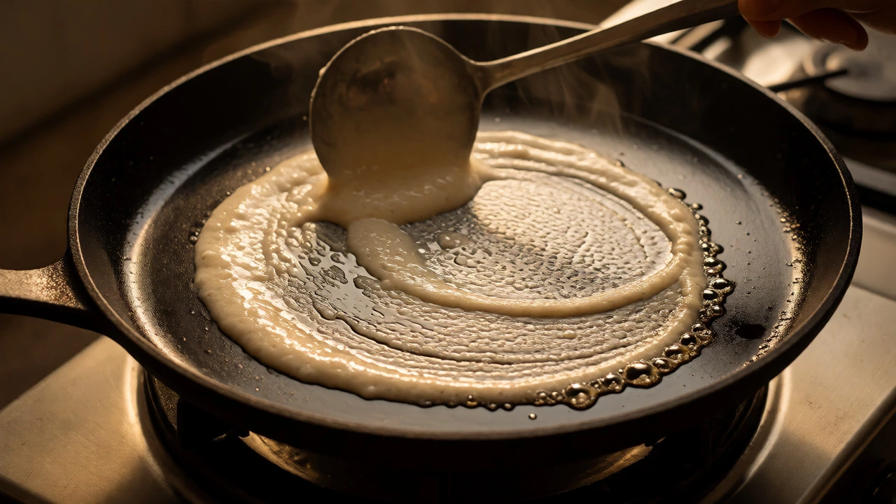 Spreading instant dosa batter on a hot griddle