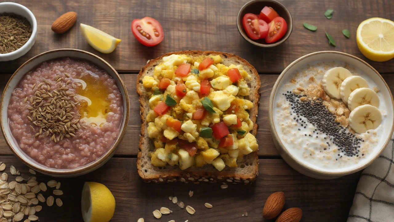 Three healthy Indian breakfast options: Ragi porridge, egg bhurji, and overnight oats